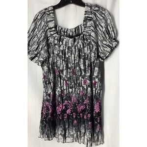 Crepe Dress Barn 1x Woman’s Square Neck Black White w/ Pink Floral Blouse
